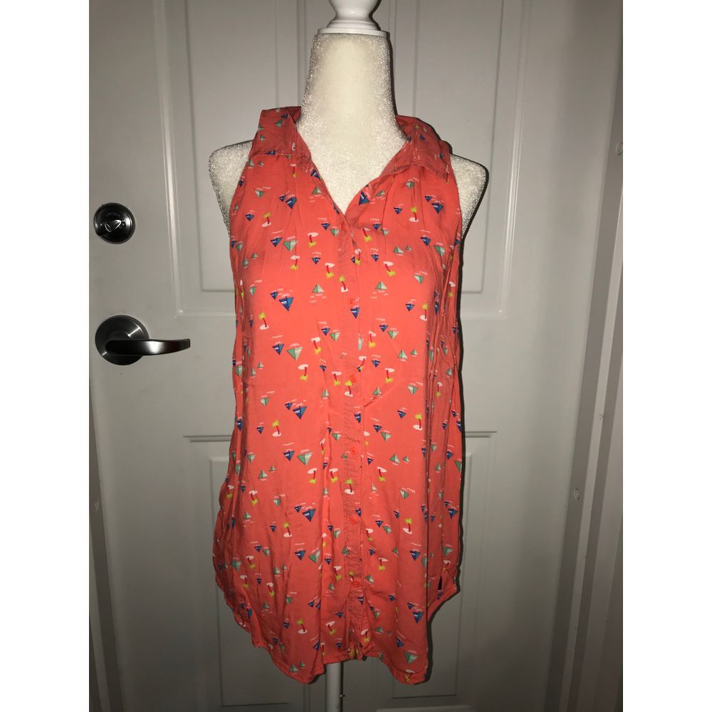 Hollister Buttoned Orange Tank Top With Boat - Island Design Size L Large
